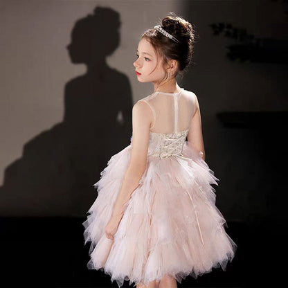 Elegant Pink Beading Birthday Girl Dress Knee Length J182