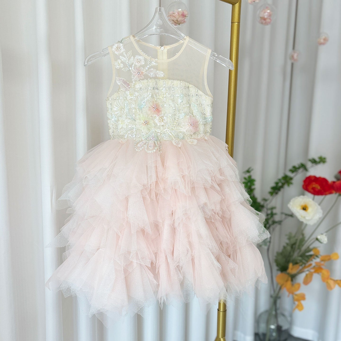 Elegant Pink Beading Birthday Girl Dress Knee Length J182