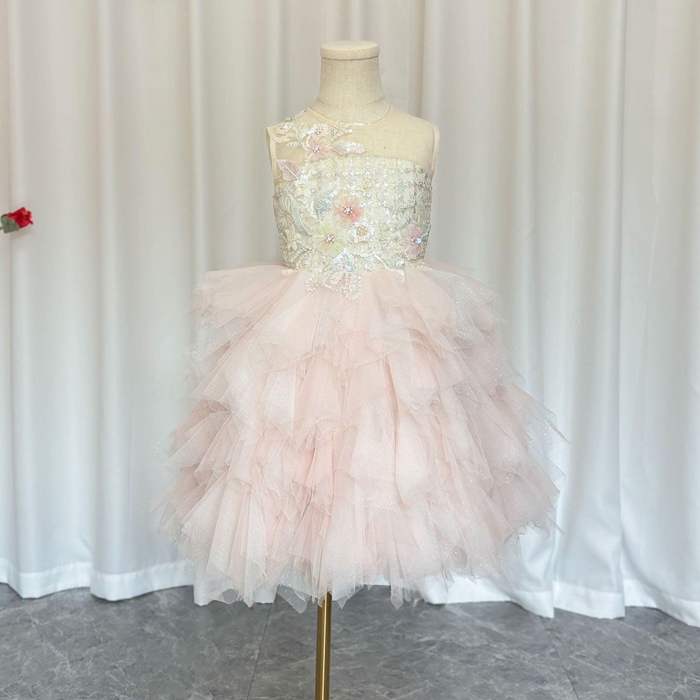 Elegant Pink Beading Birthday Girl Dress Knee Length J182