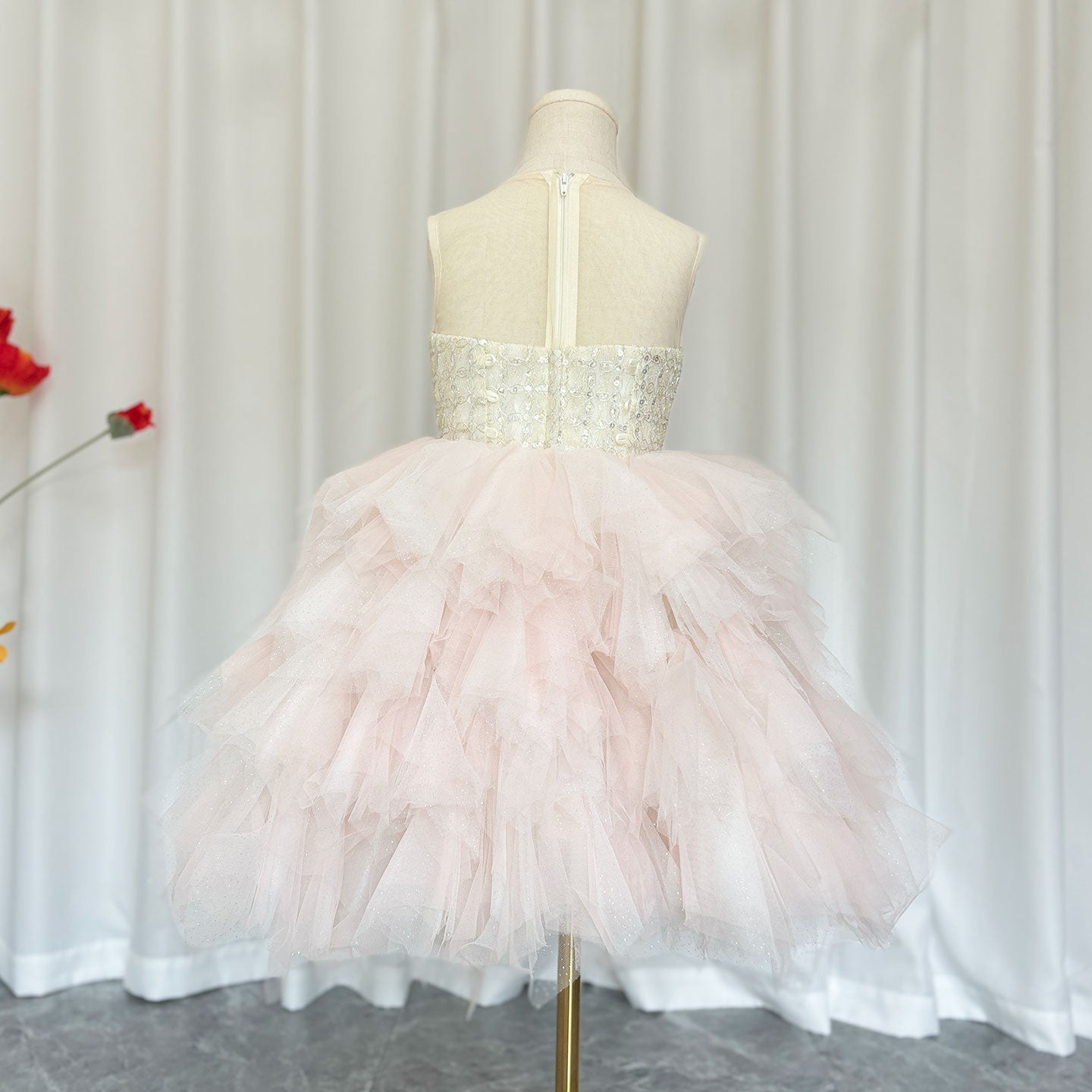 Elegant Pink Beading Birthday Girl Dress Knee Length J182