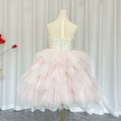 Elegant Pink Beading Birthday Girl Dress Knee Length J182