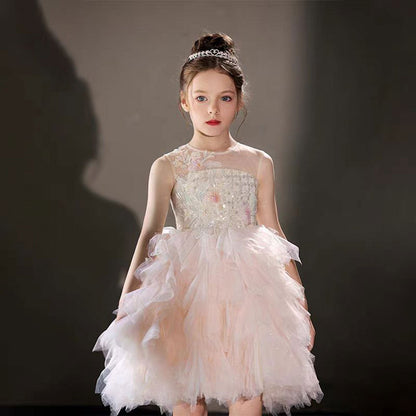 Elegant Pink Beading Birthday Girl Dress Knee Length J182