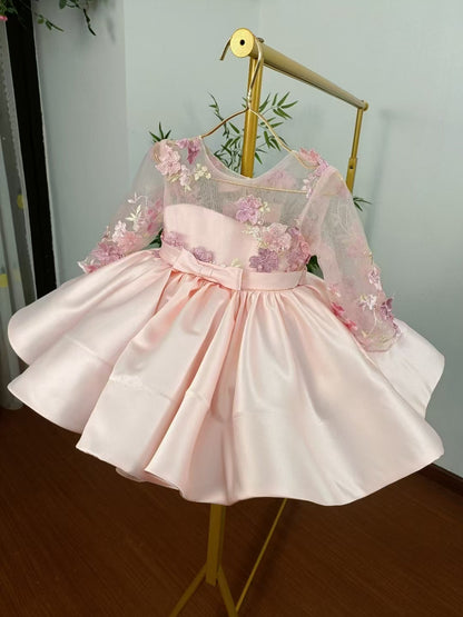 Elegant Pink Girl Bridesmaides Dress Full Sleeve J177