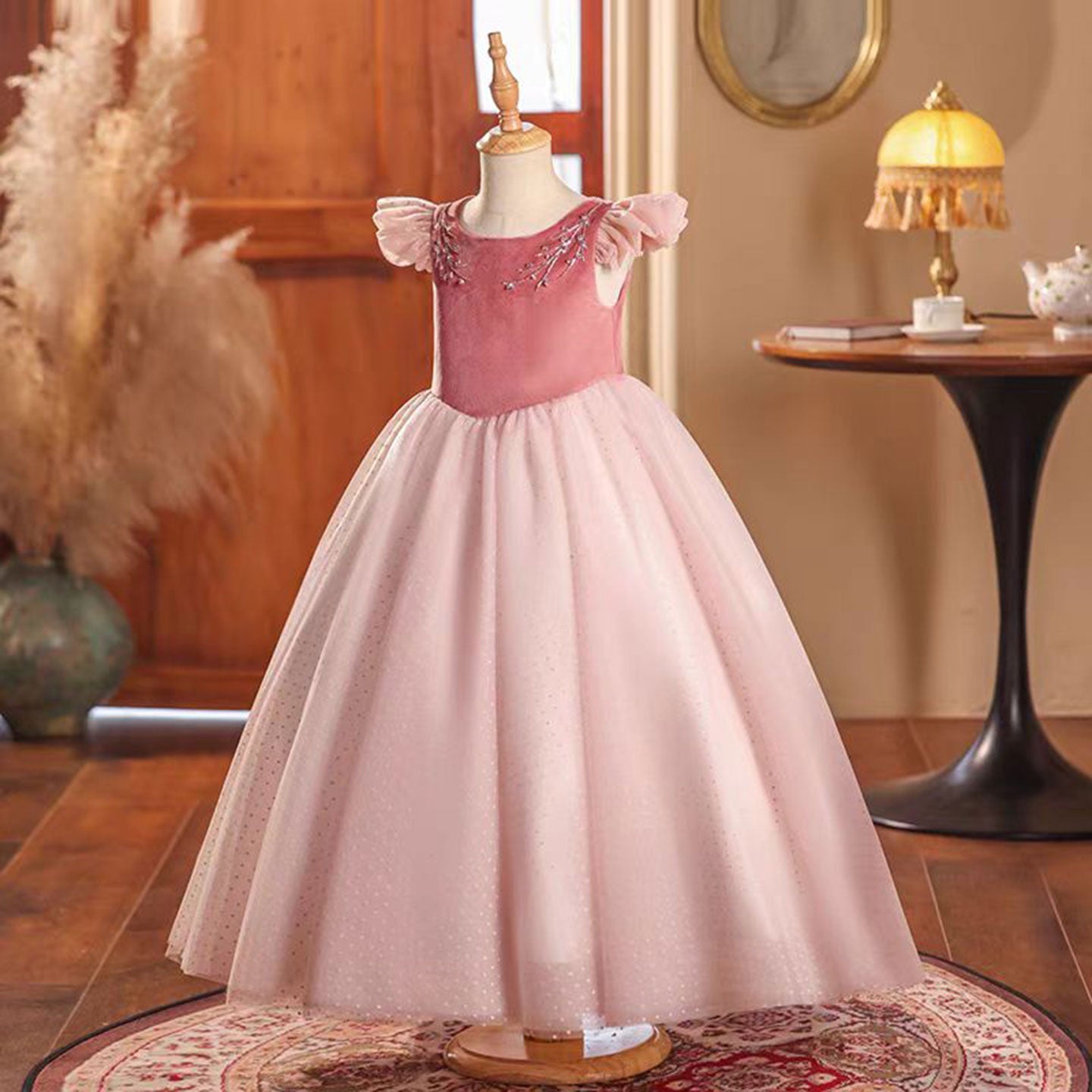 Elegant Pink Girl Bridesmaides Dresses Beaded Long Arabic J198