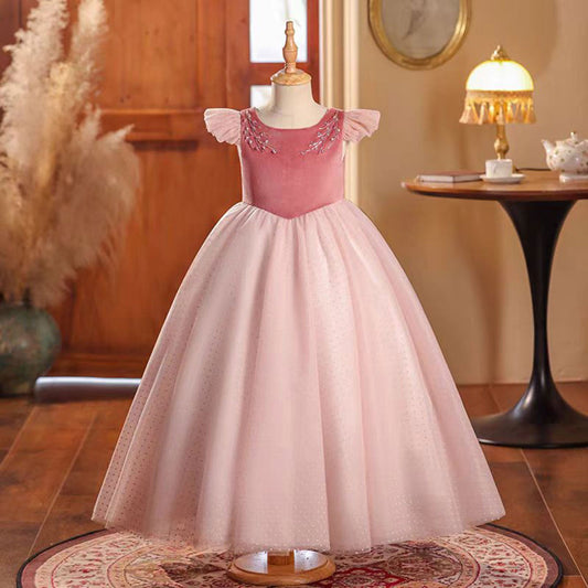 Elegant Pink Girl Bridesmaides Dresses Beaded Long Arabic J198