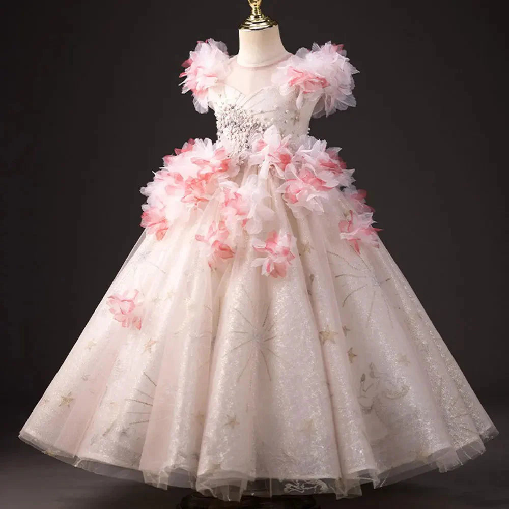 Elegant Pink Girl Dress Beaded 3D Flowers Pearls Princess Kids J377