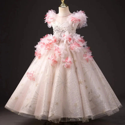 Elegant Pink Girl Dress Beaded 3D Flowers Pearls Princess Kids J377