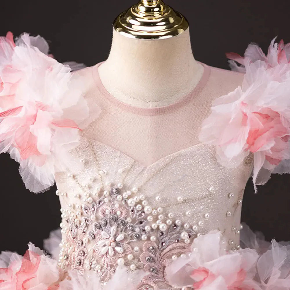 Elegant Pink Girl Dress Beaded 3D Flowers Pearls Princess Kids J377
