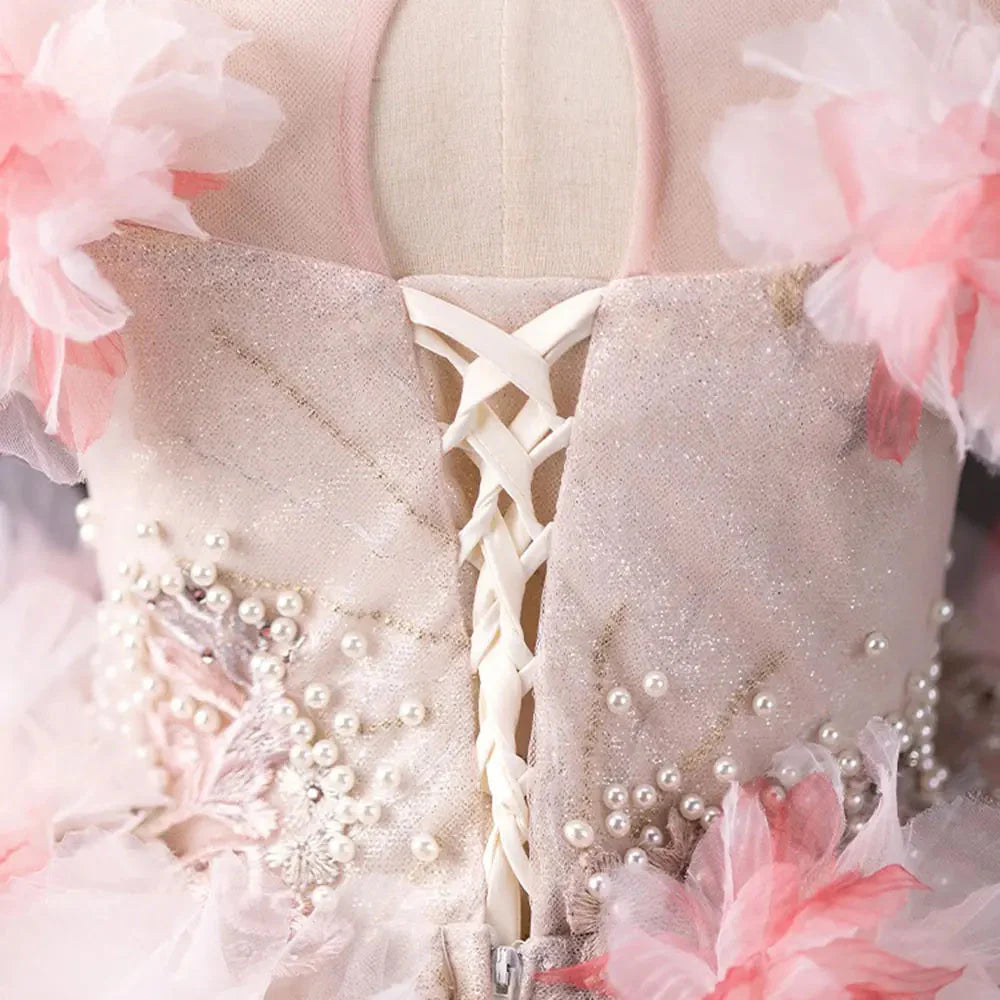 Elegant Pink Girl Dress Beaded 3D Flowers Pearls Princess Kids J377