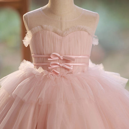 Elegant Pink Girl Dress with Sashes Princess Kids Gown J210