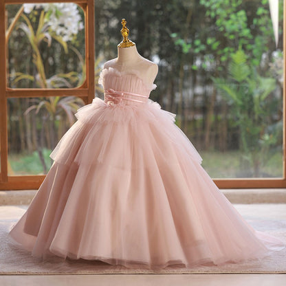 Elegant Pink Girl Dress with Sashes Princess Kids Gown J210