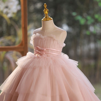 Elegant Pink Girl Dress with Sashes Princess Kids Gown J210