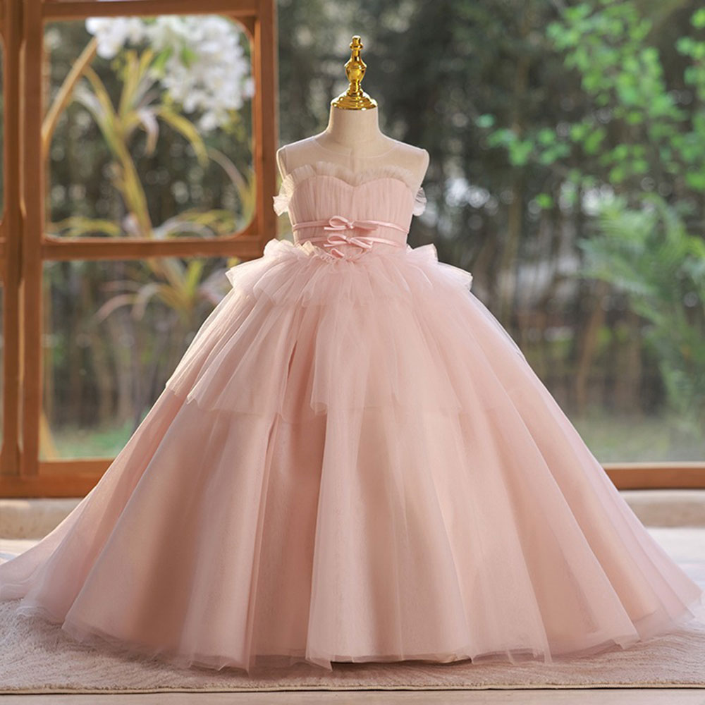 Elegant Pink Girl Dress with Sashes Princess Kids Gown J210