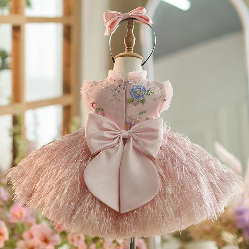 Elegant Pink Lace Feathers Girl Dress Knee Length with Bow J164