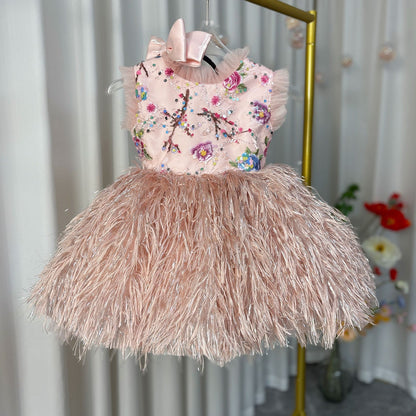 Elegant Pink Lace Feathers Girl Dress Knee Length with Bow J164