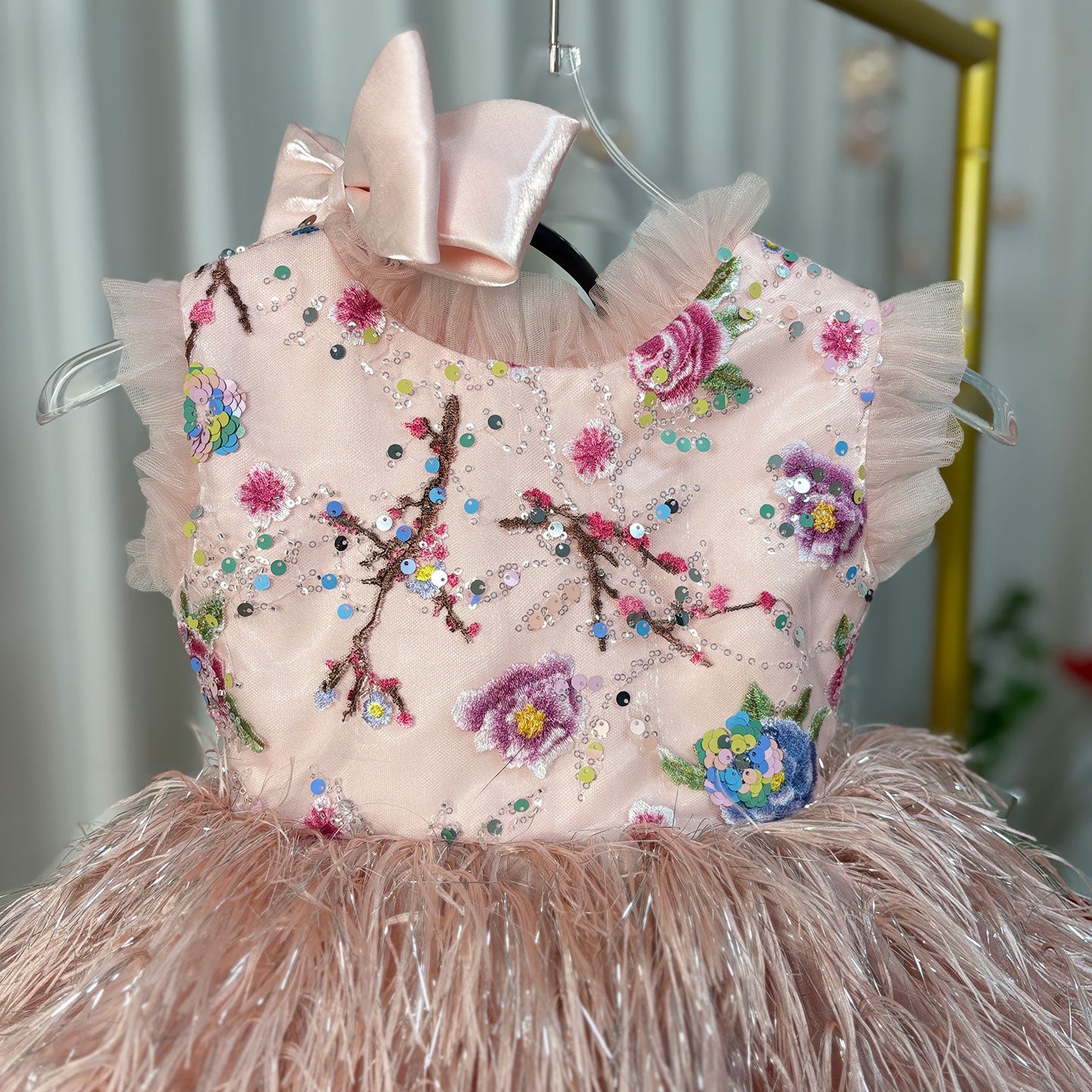 Elegant Pink Lace Feathers Girl Dress Knee Length with Bow J164