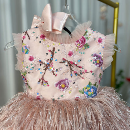 Elegant Pink Lace Feathers Girl Dress Knee Length with Bow J164