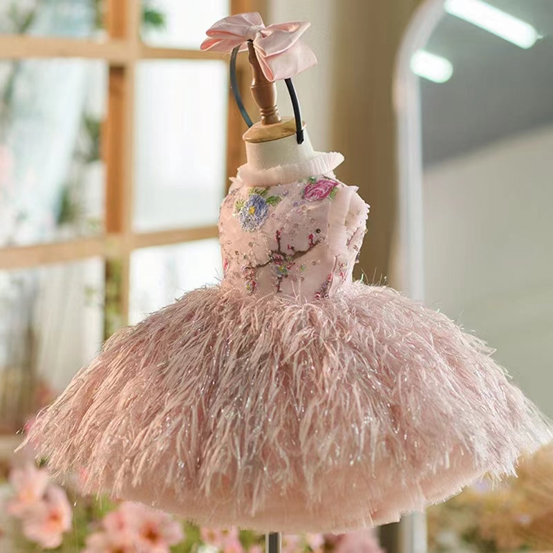 Elegant Pink Lace Feathers Girl Dress Knee Length with Bow J164