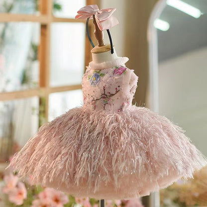 Elegant Pink Lace Feathers Girl Dress Knee Length with Bow J164