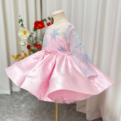 Elegant Pink Long Sleeve Flower Girl Dress Knee Length J048