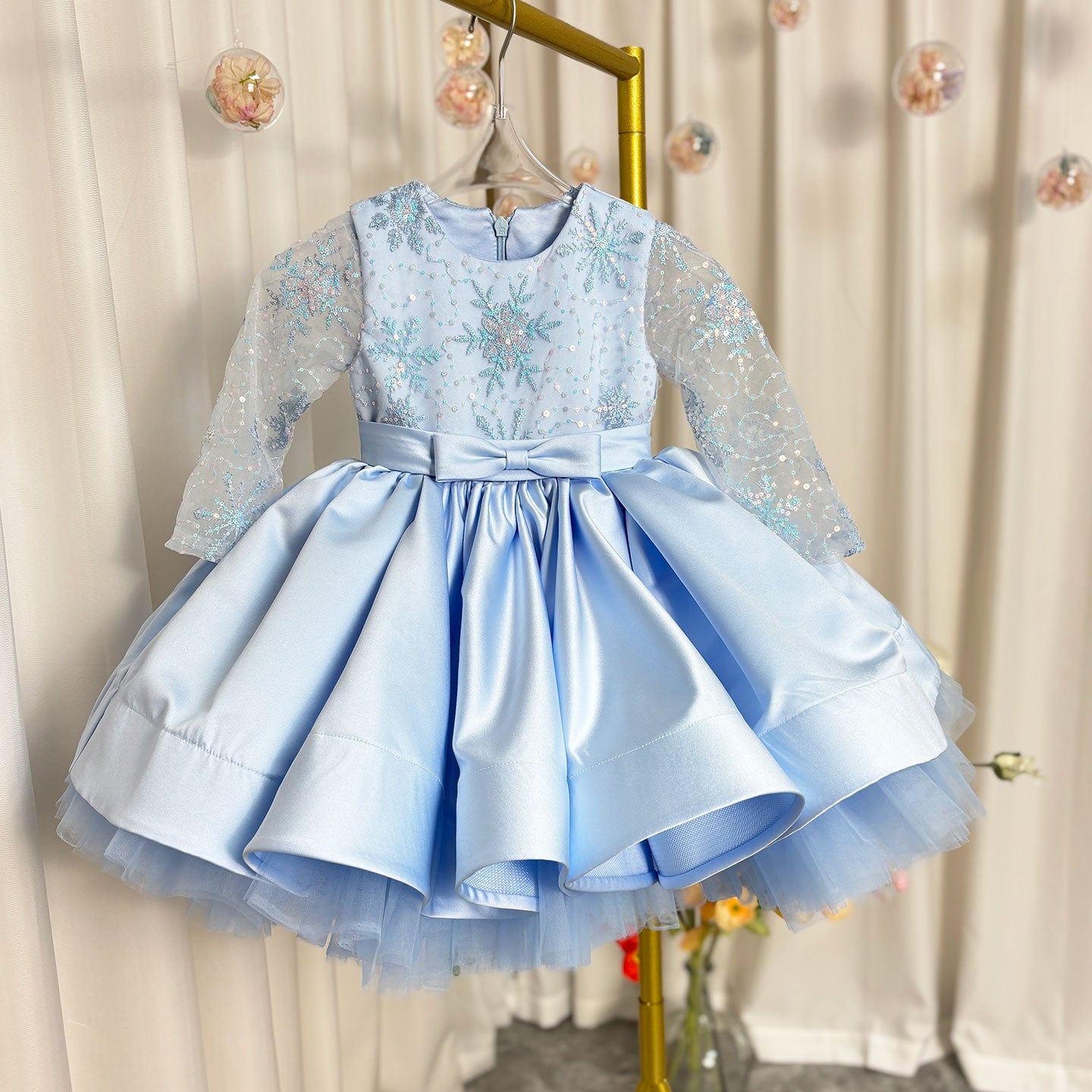 Elegant Pink Long Sleeve Flower Girl Dress Knee Length J048