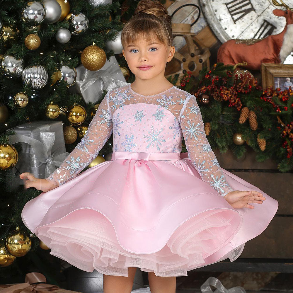 Elegant Pink Long Sleeve Flower Girl Dress Knee Length J048