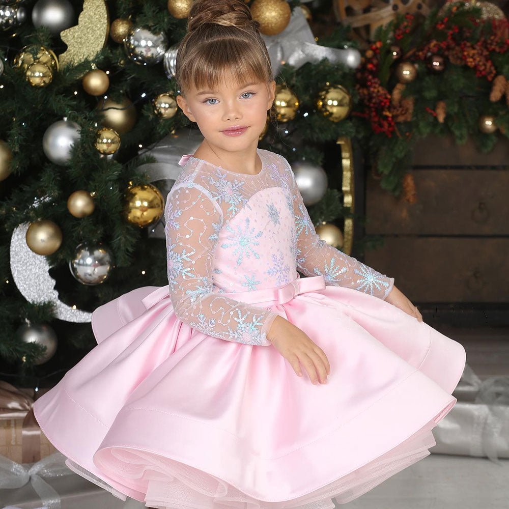 Elegant Pink Long Sleeve Flower Girl Dress Knee Length J048