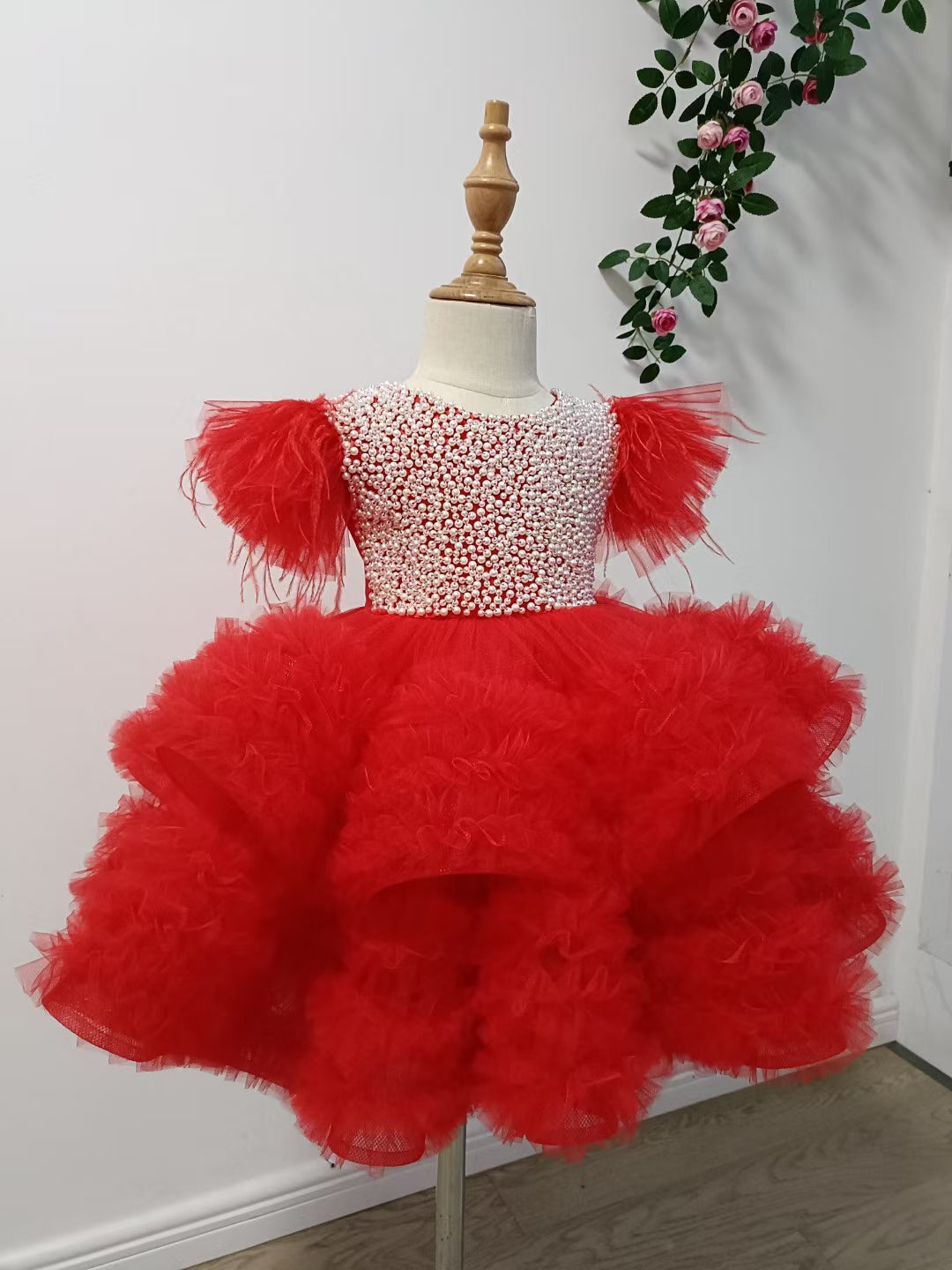 Elegant Pink Pearls Girl Dress Princess Baby Kids Party Gown J321