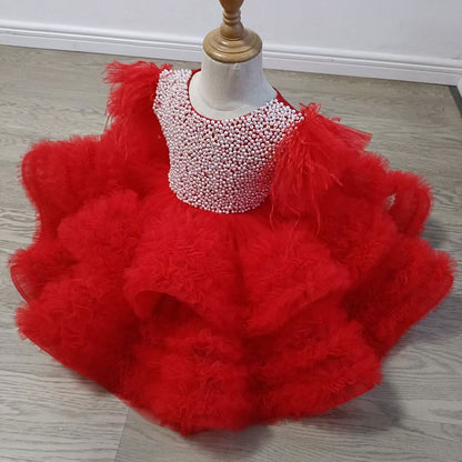 Elegant Pink Pearls Girl Dress Princess Baby Kids Party Gown J321