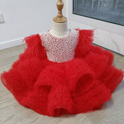 Elegant Pink Pearls Girl Dress Princess Baby Kids Party Gown J321