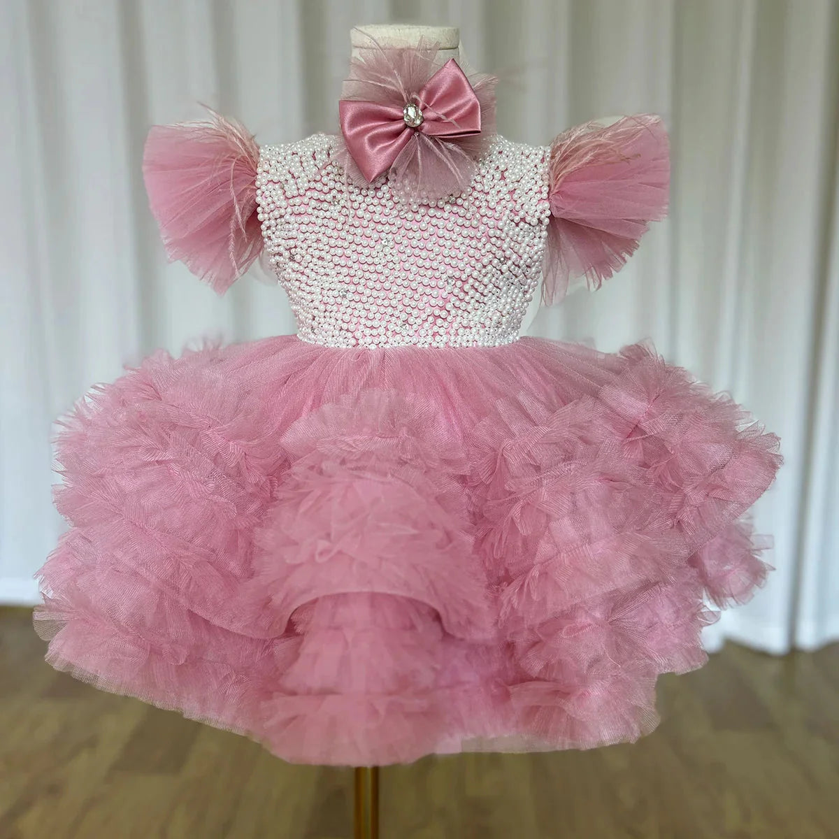 Elegant Pink Pearls Girl Dress Princess Baby Kids Party Gown J321