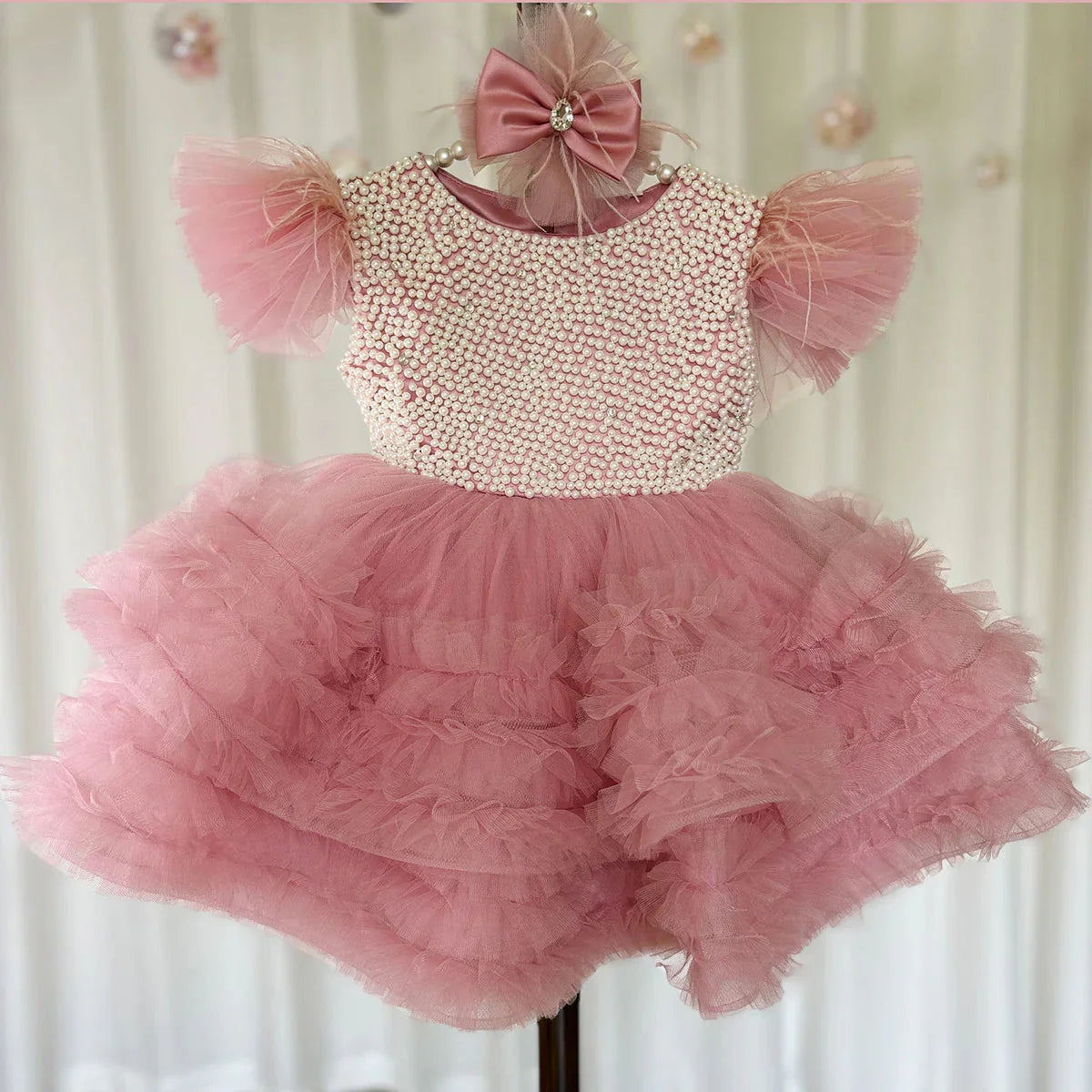 Elegant Pink Pearls Girl Dress Princess Baby Kids Party Gown J321