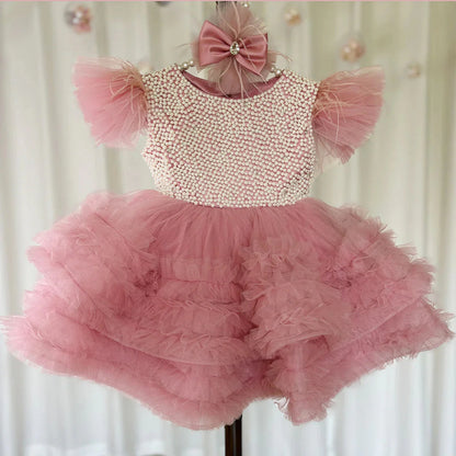 Elegant Pink Pearls Girl Dress Princess Baby Kids Party Gown J321