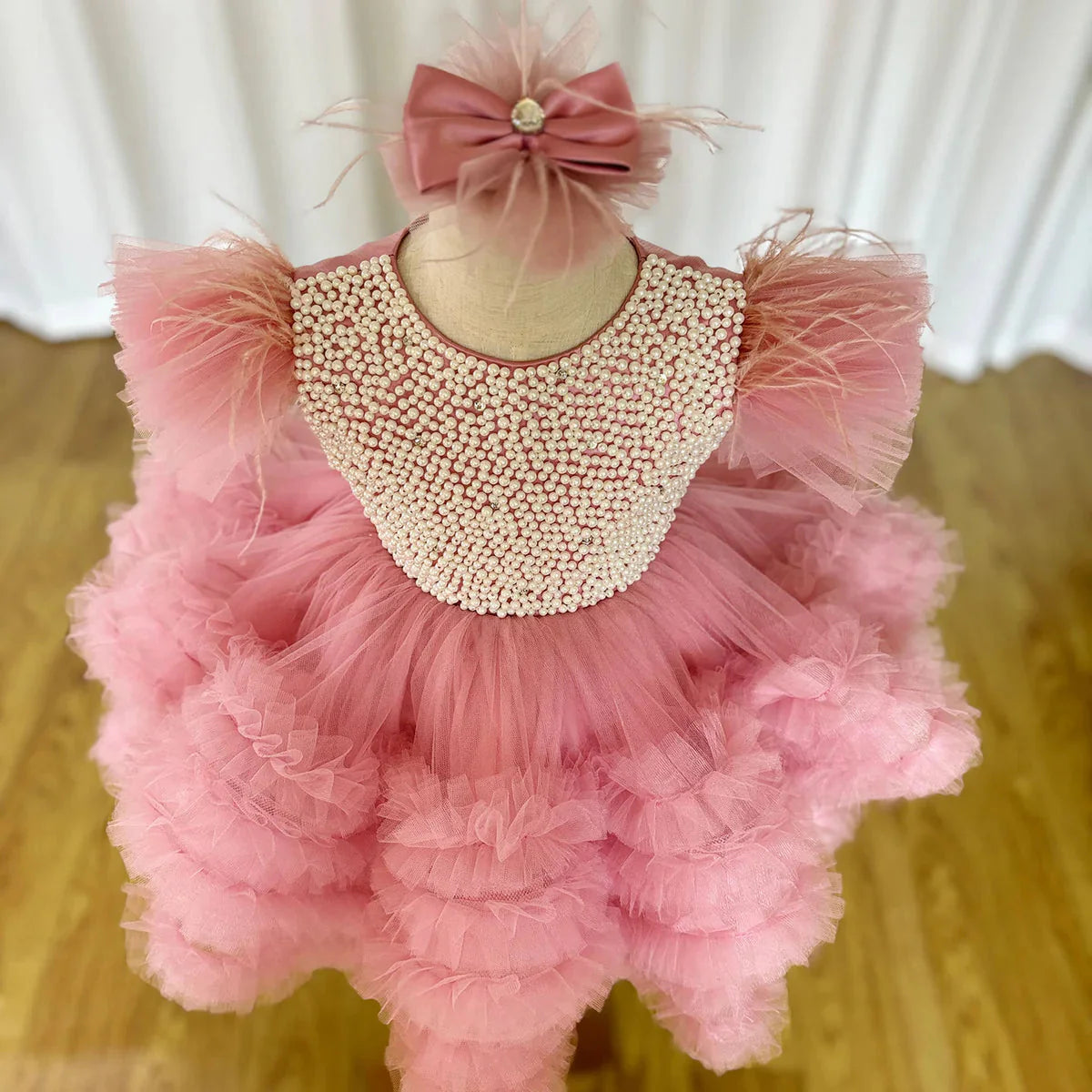 Elegant Pink Pearls Girl Dress Princess Baby Kids Party Gown J321