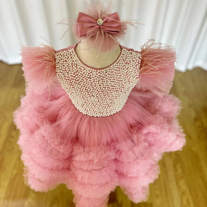 Elegant Pink Pearls Girl Dress Princess Baby Kids Party Gown J321