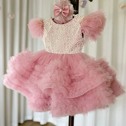 Elegant Pink Pearls Girl Dress Princess Baby Kids Party Gown J321