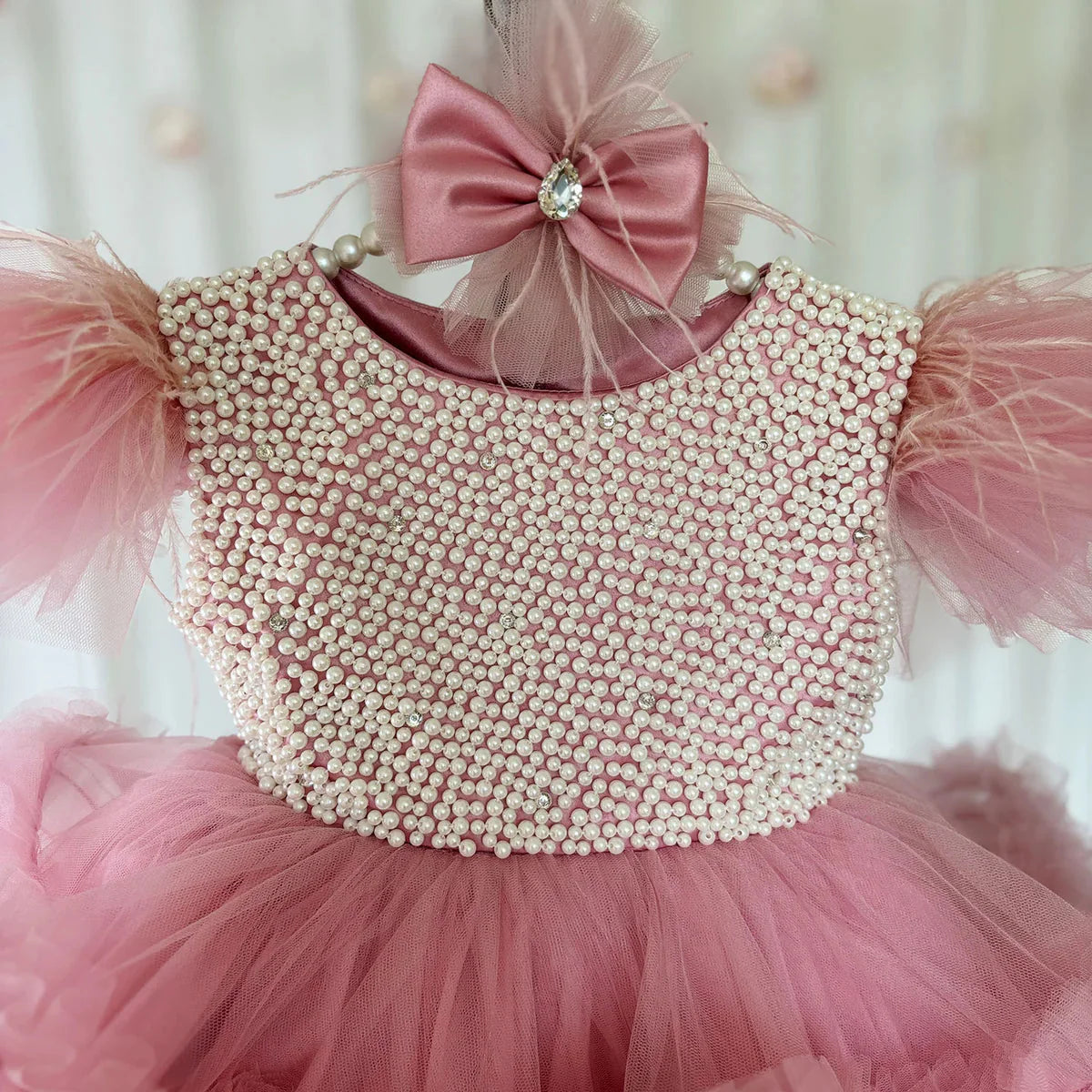 Elegant Pink Pearls Girl Dress Princess Baby Kids Party Gown J321