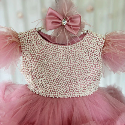 Elegant Pink Pearls Girl Dress Princess Baby Kids Party Gown J321