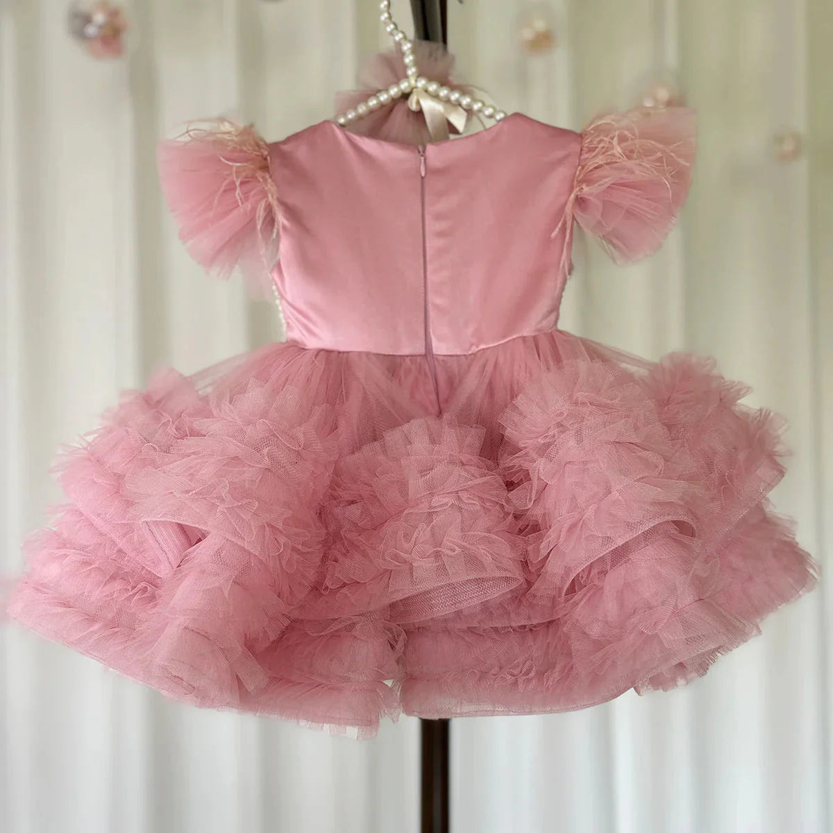 Elegant Pink Pearls Girl Dress Princess Baby Kids Party Gown J321