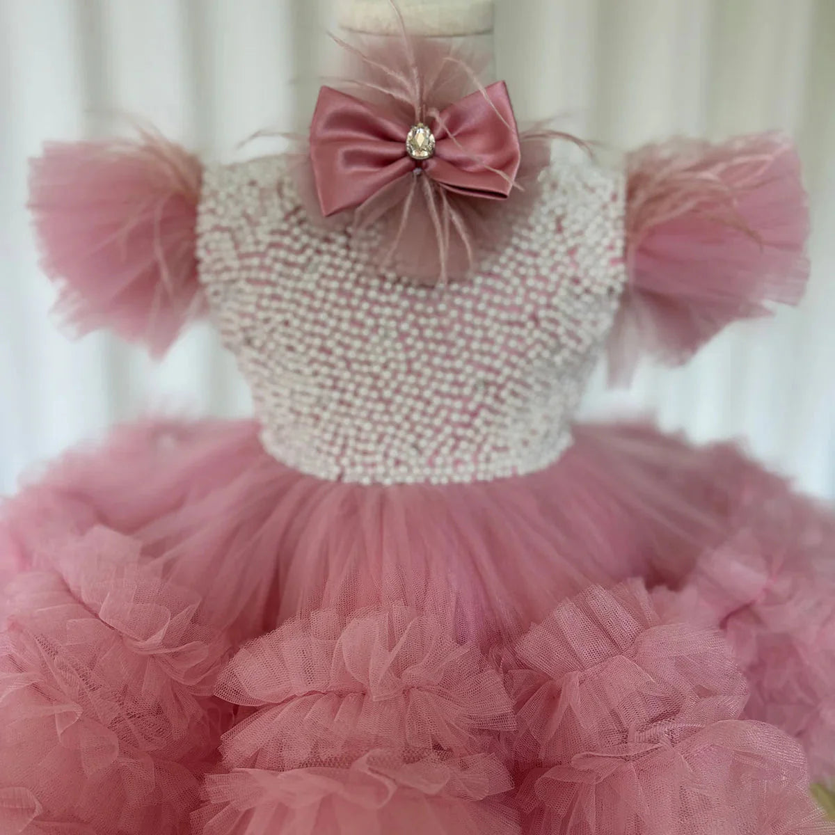 Elegant Pink Pearls Girl Dress Princess Baby Kids Party Gown J321