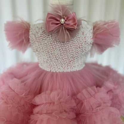 Elegant Pink Pearls Girl Dress Princess Baby Kids Party Gown J321