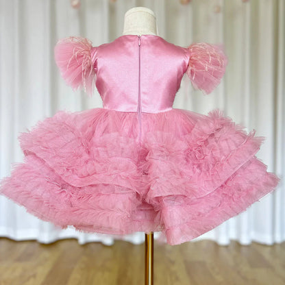 Elegant Pink Pearls Girl Dress Princess Baby Kids Party Gown J321