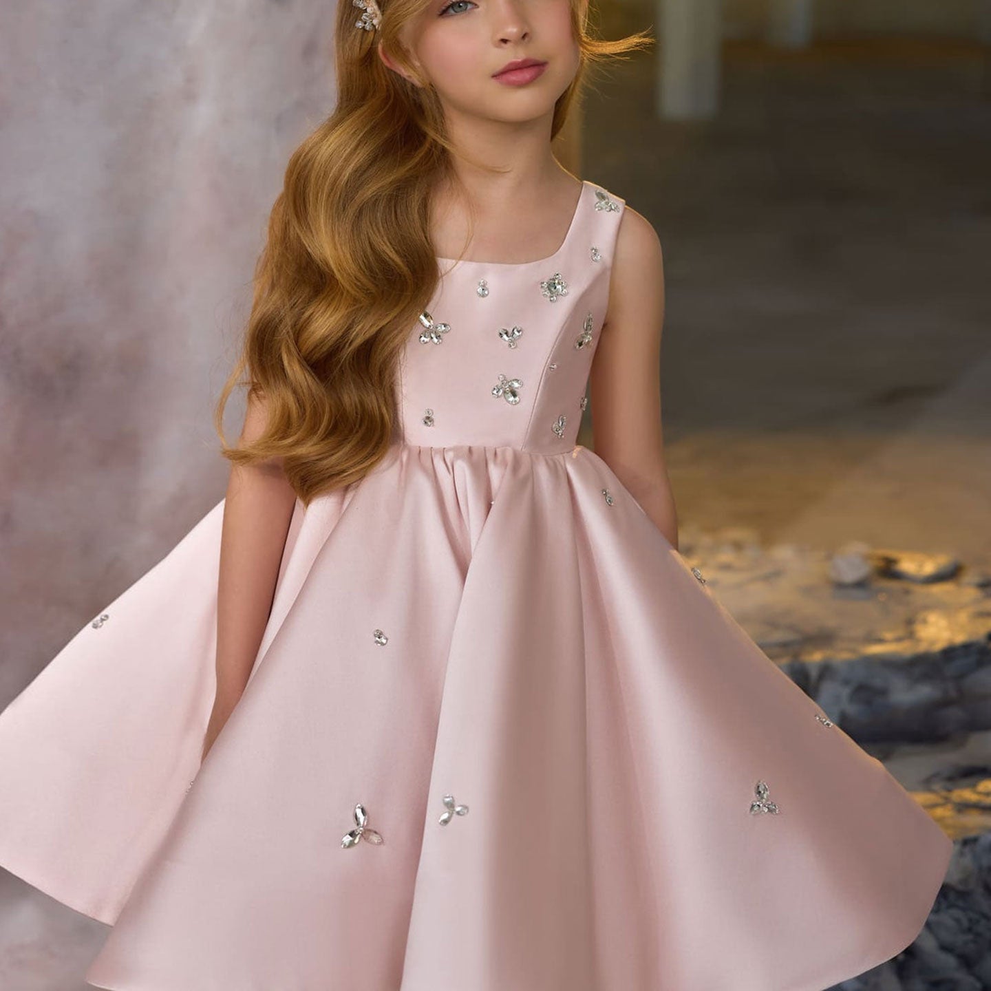 Elegant Pink Satin Girl Dresses Square Collar for Kids Party Gown J145