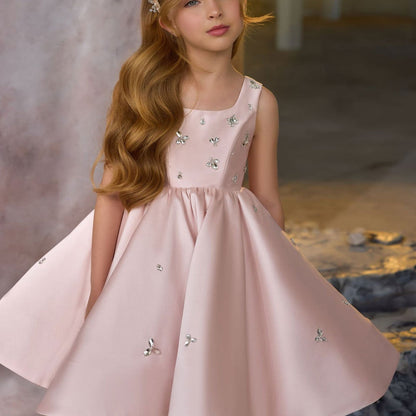 Elegant Pink Satin Girl Dresses Square Collar for Kids Party Gown J145