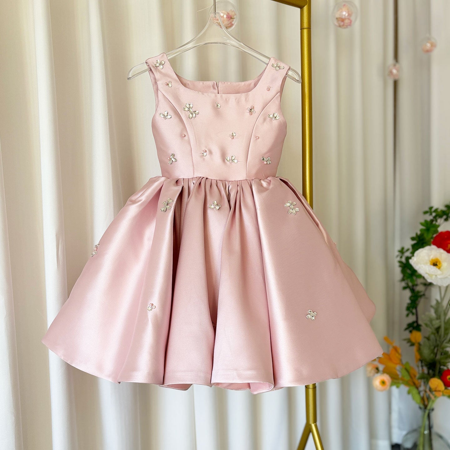 Elegant Pink Satin Girl Dresses Square Collar for Kids Party Gown J145