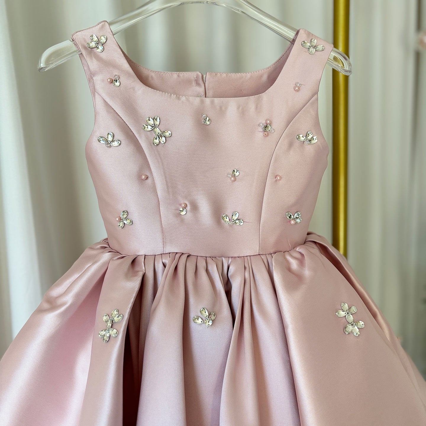 Elegant Pink Satin Girl Dresses Square Collar for Kids Party Gown J145
