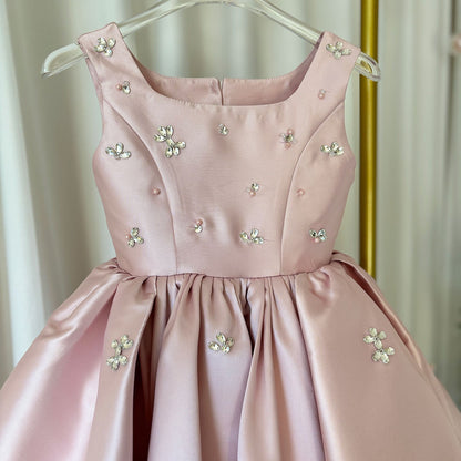 Elegant Pink Satin Girl Dresses Square Collar for Kids Party Gown J145