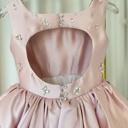 Elegant Pink Satin Girl Dresses Square Collar for Kids Party Gown J145