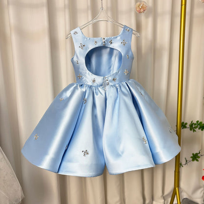 Elegant Pink Satin Girl Dresses Square Collar for Kids Party Gown J145