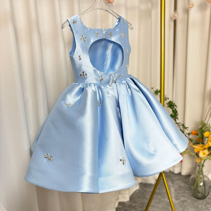 Elegant Pink Satin Girl Dresses Square Collar for Kids Party Gown J145